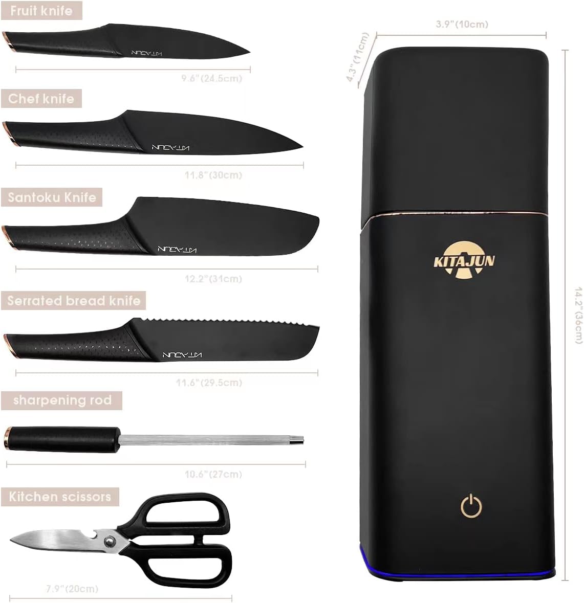 Juego de cuchillos de cocina inteligentes con bloque, 6 cuchillos de acero inoxidable con varilla de afilado integrada. Bloque de cuchillos