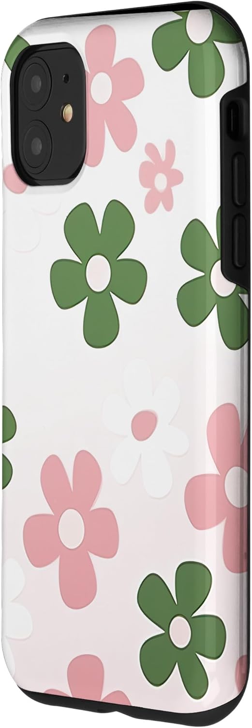 Funda con diseño floral de margaritas verde salvia y rosa para iPhone 11