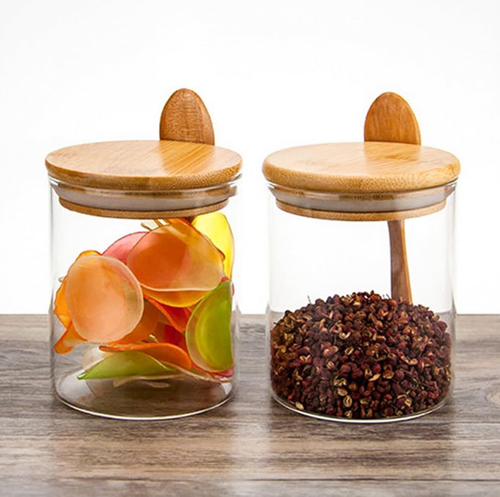 Recipiente de vidrio para azúcar, tarro de vidrio transparente de 15 onzas con tapa de bambú y cuchara, contenedor de almacenamiento de alimentos,