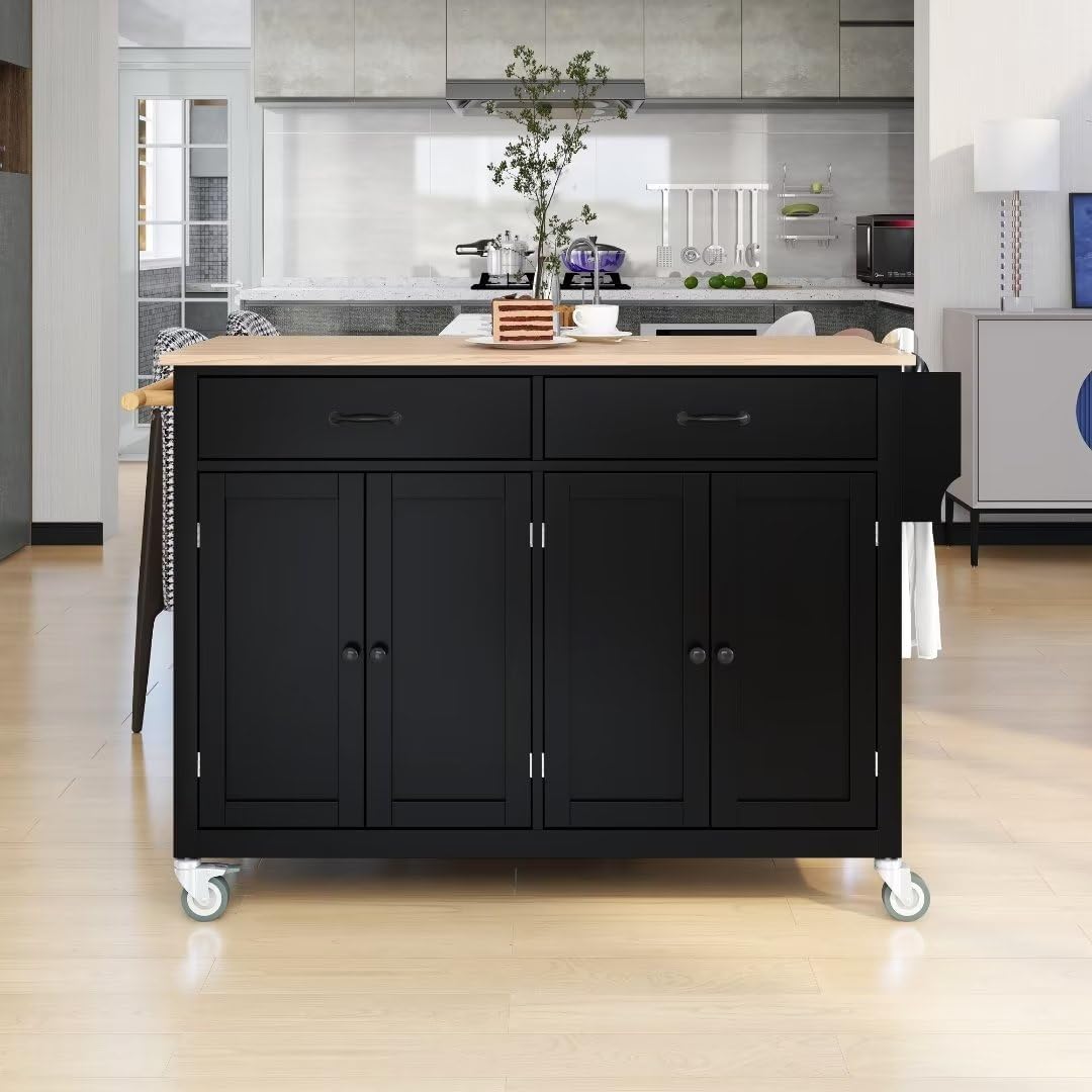 Ayvbir Carrito de isla de cocina rodante de 54.3 pulgadas con ruedas con parte superior de madera maciza y ruedas de bloqueo, armario de 4 puertas y