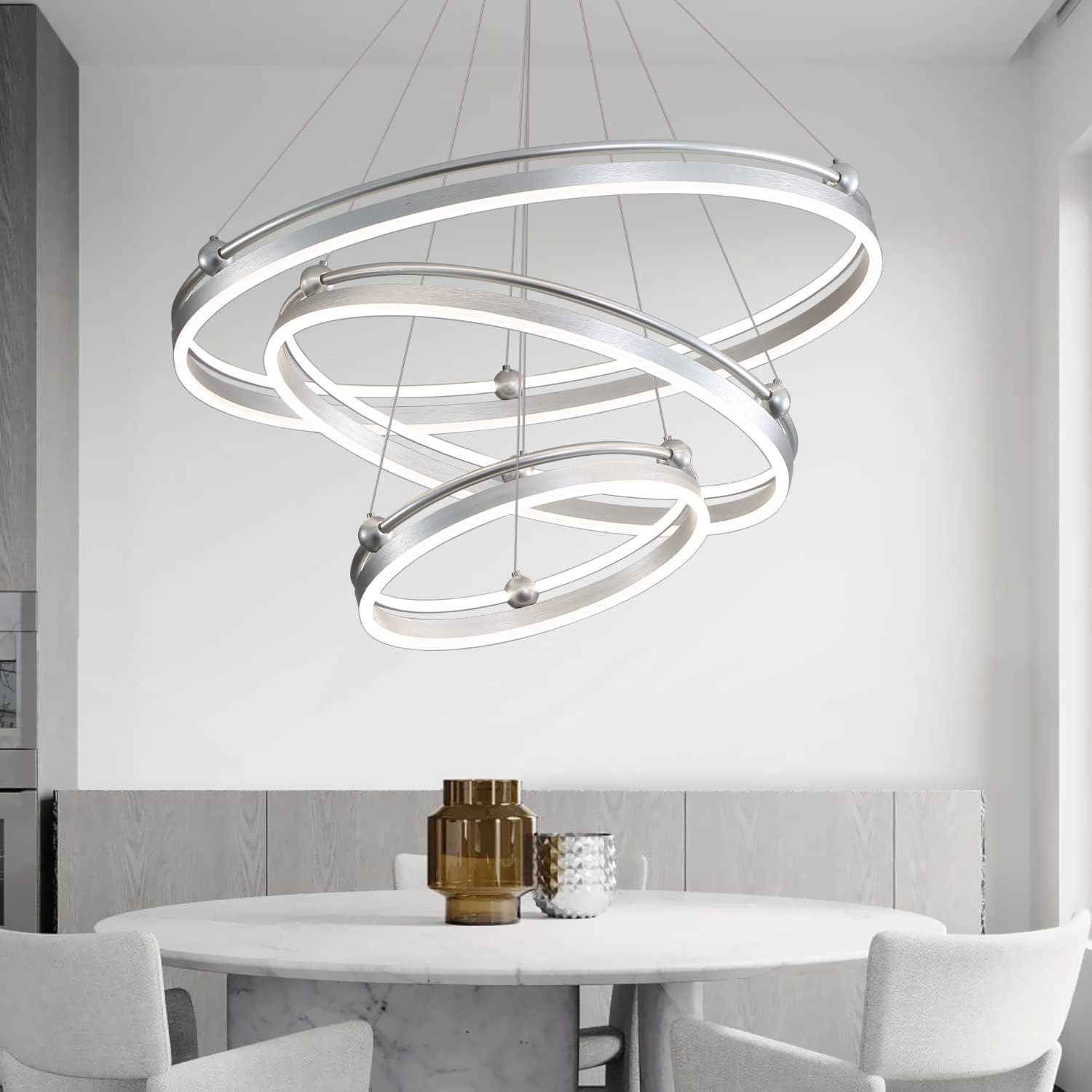 Candelabro LED moderno de 3 anillas, plateado, regulable, 230 W, 3 puntos luminosos, altura ajustable, cables de 59 pulgadas, adecuado para salas de