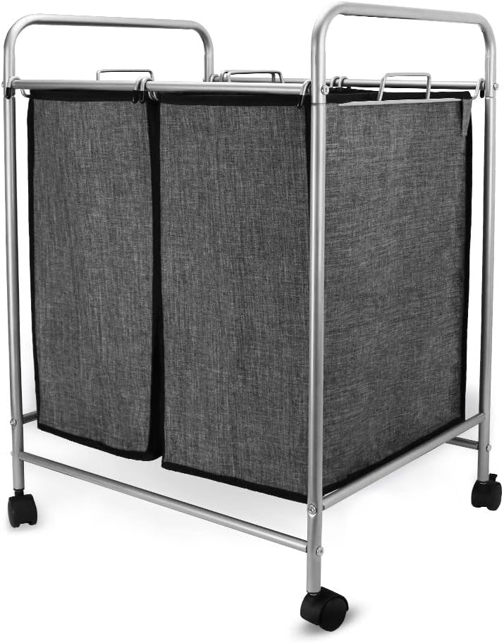 Carrito clasificador de ropa sucia resistente, 2 bolsas con ruedas enrollables, bolsas extraíbles, organizador de cesta de lavandería y contenedores