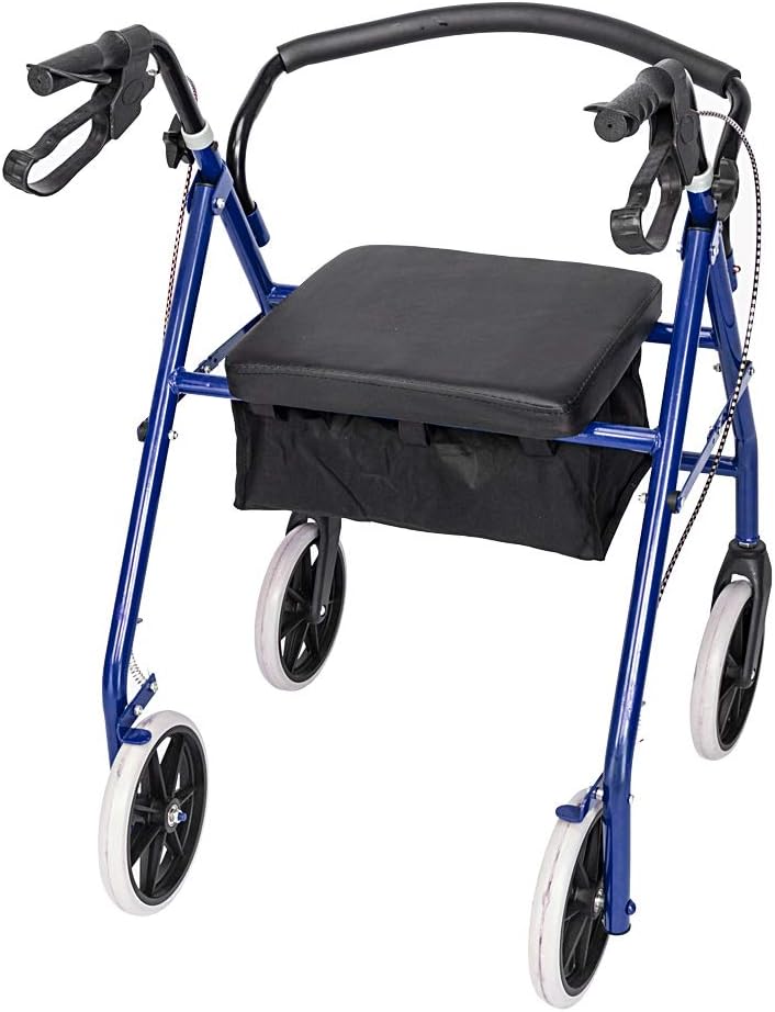 Andador con asiento, andador de acero con ruedas de 8 pulgadas, soporta hasta 286.6 libras, para lesiones, personas mayores y adultos (negro y azul)