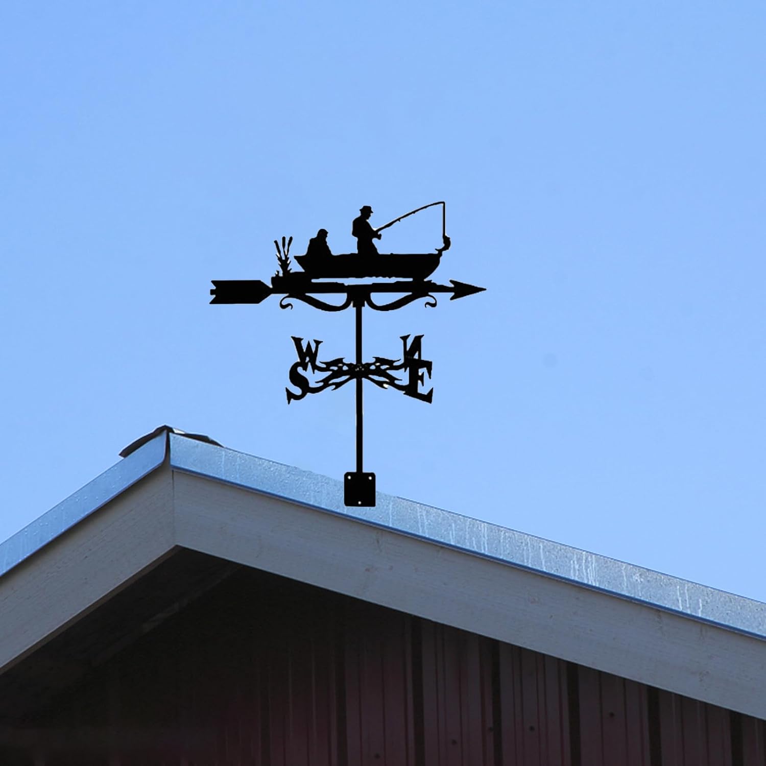 Veleta de metal con forma de barco de pesca para decoración de techo de jardín al aire libre, césped, patio, veleta de clima negro, decoración de