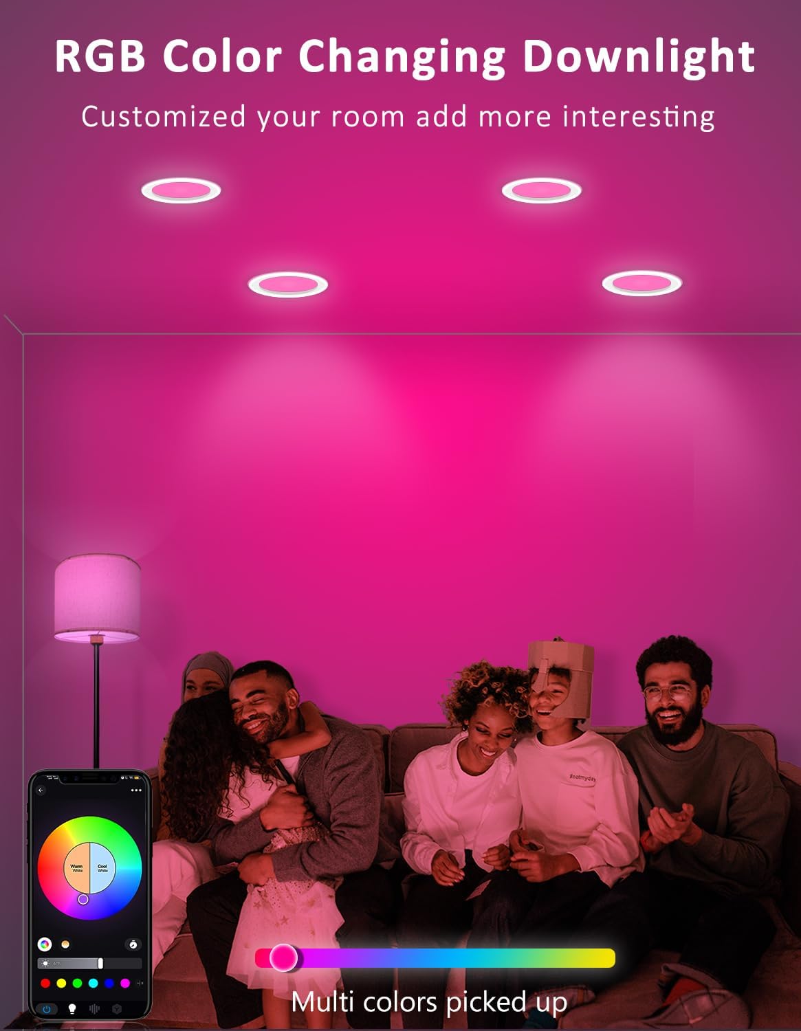 Iluminación LED inteligente empotrable de 6 pulgadas, 15 W, 2700-6500 K, CCT RGBCW, luces de techo regulables, luces de techo regulables de malla BT