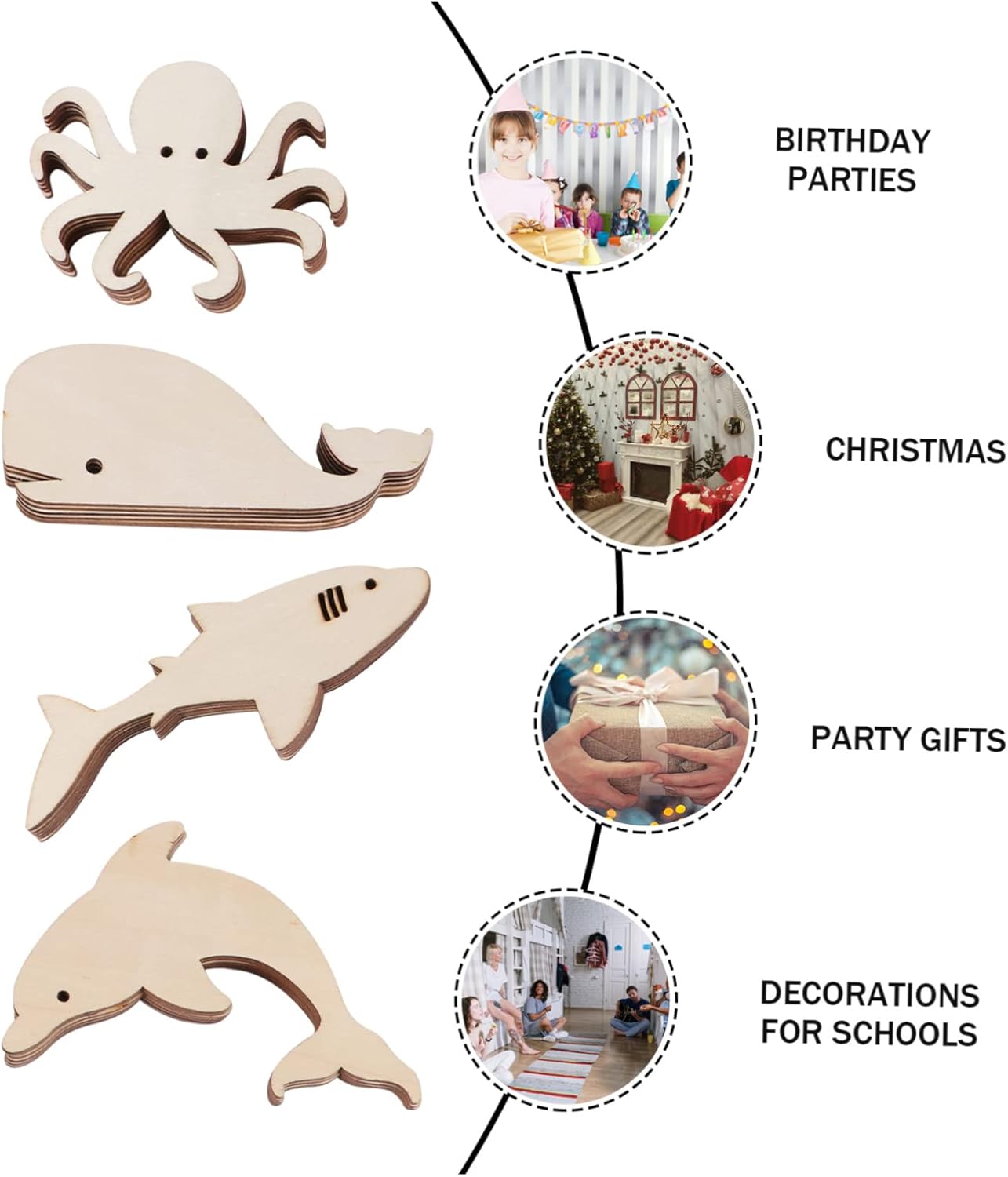 EXCEART 48 piezas de astillas de madera de animales marinos ballena de madera de animales marinos rebanadas de madera decoración delfín adornos de