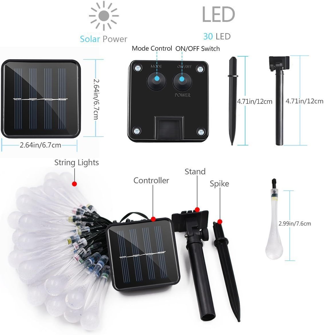 Hann Guirnalda de 30 luces LED solares, 20 pies, luces coloridas de gota de agua, luces de hadas de lluvia, luces estrelladas, luces solares