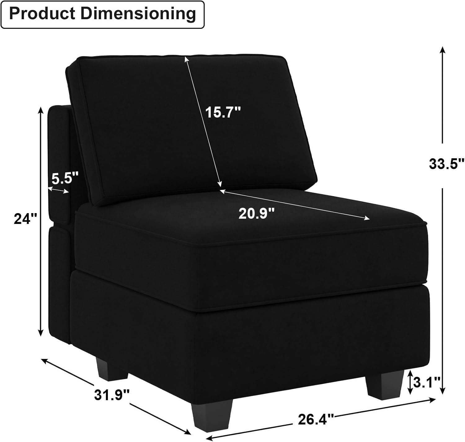 Belffin Sofá modular Módulo medio con almacenamiento Accent Silla sin brazos para sofá modular seccional terciopelo negro