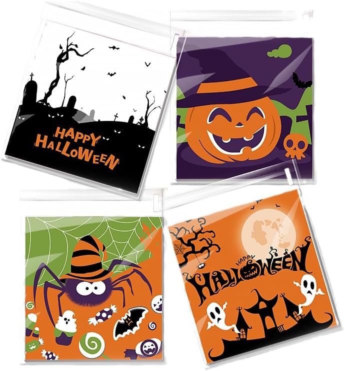 200 bolsas de celofán para dulces de Halloween, autoadhesivas, transparentes, bolsas de regalo para suministros de fiesta de Halloween (3.94 x 3.94