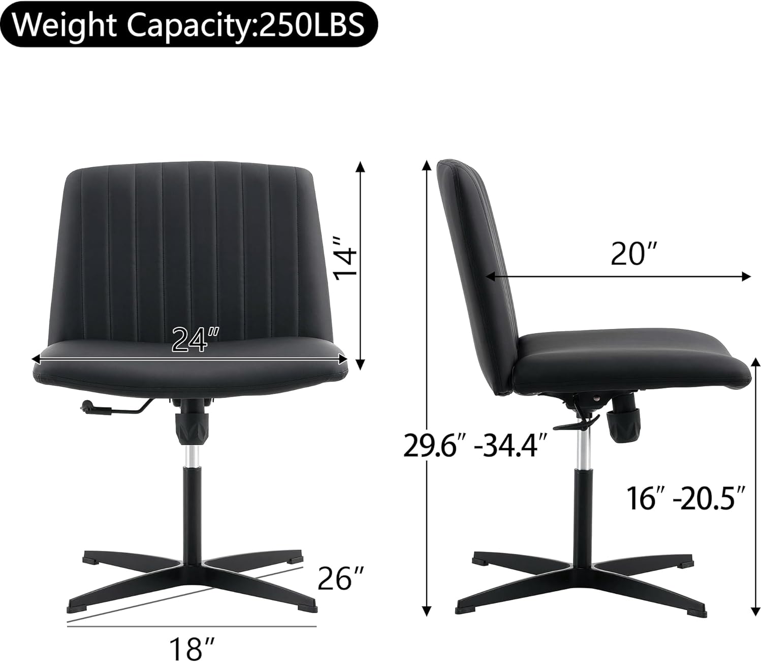 Silla de escritorio de oficina sin reposabrazos, silla giratoria ajustable de poliuretano cruzado con 105 a 120 reclinable elástico y acolchado de