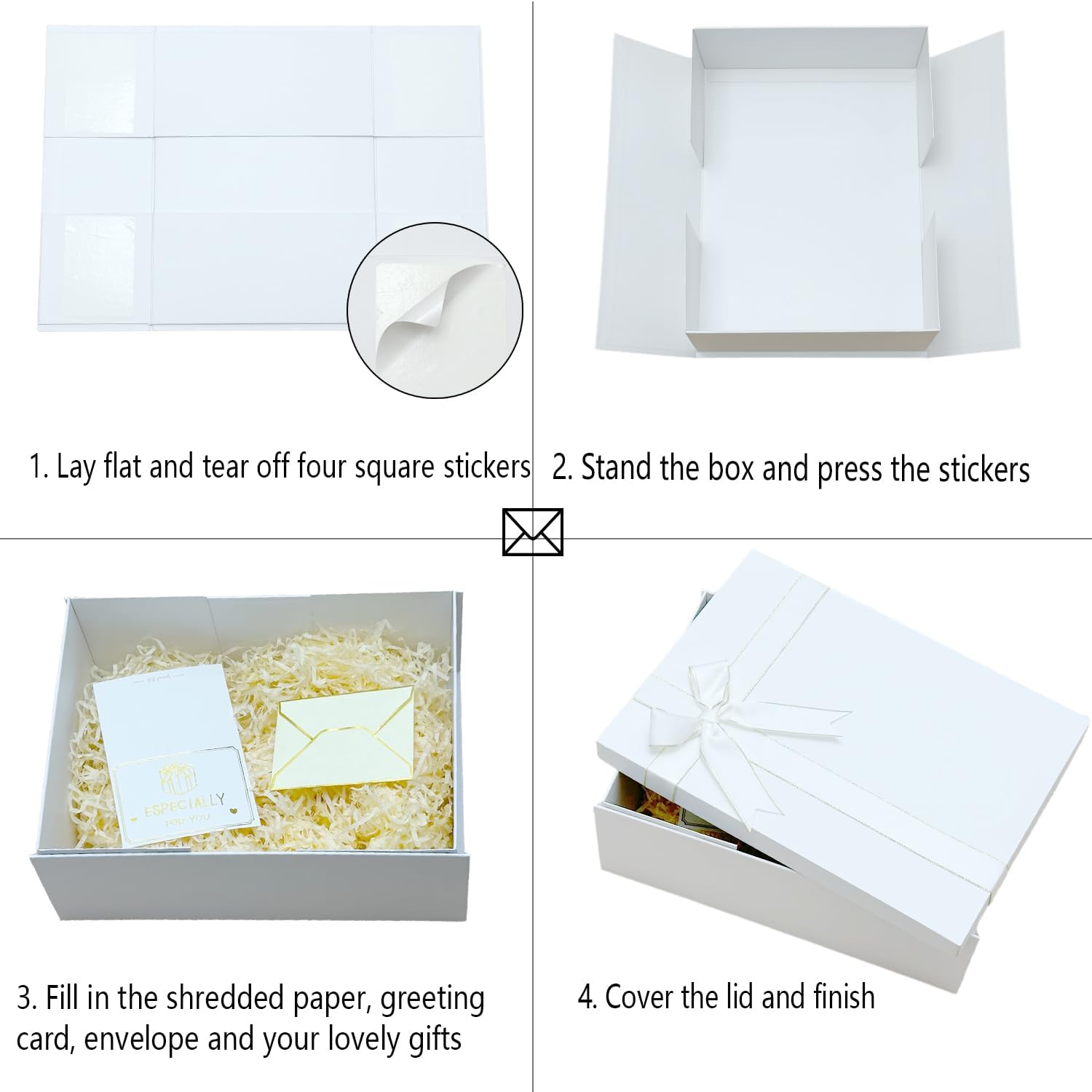 MYGOGOART Caja de regalo grande blanca de 13 x 10 x 5 pulgadas con tapa, lazo de cinta, relleno de papel de rafia triturado, tarjeta de felicitación