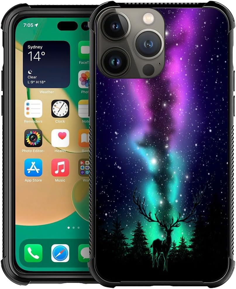 CARLOCA Funda compatible con iPhone 15, funda con diseño artístico de ciervo aurora boreal para iPhone 15, ultra protección, a prueba de golpes, de