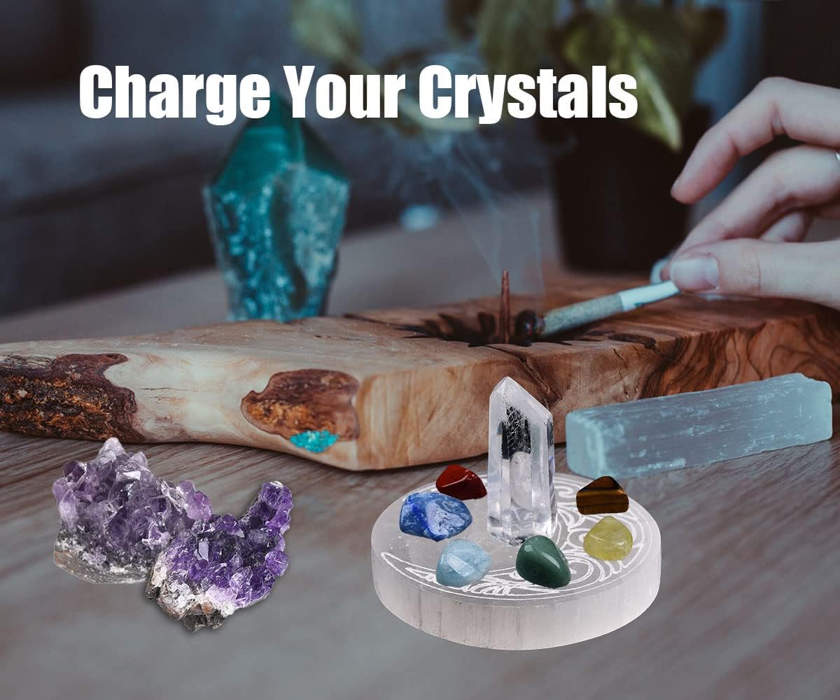 JIC Gem Placa de carga de selenita grabada con luna de 3 pulgadas, losa de selenita grabada, pequeña estación de carga de cristal curativo