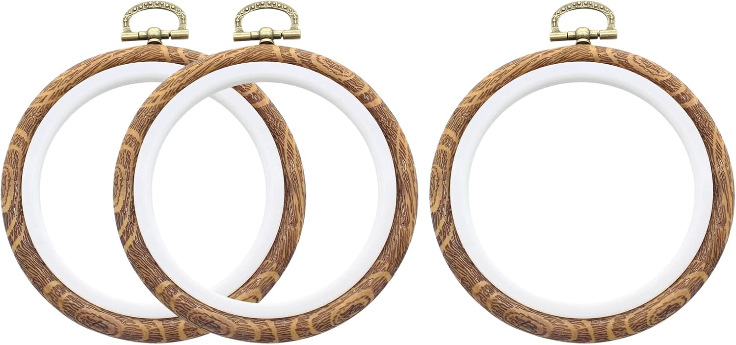 Kyuionty Paquete de 3 aros redondos de bordado de 4 pulgadas, marco de exhibición de madera imitada, anillo de aro para manualidades, costura y