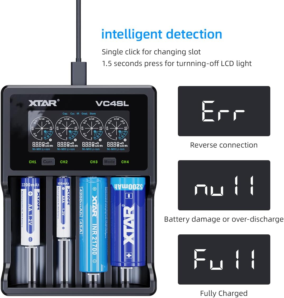 XTAR VC4SL versión de actualización VC4S Cargador de batería recargable inteligente tipo C 4 bahías Cargador rápido 18650 con LCD para batería de