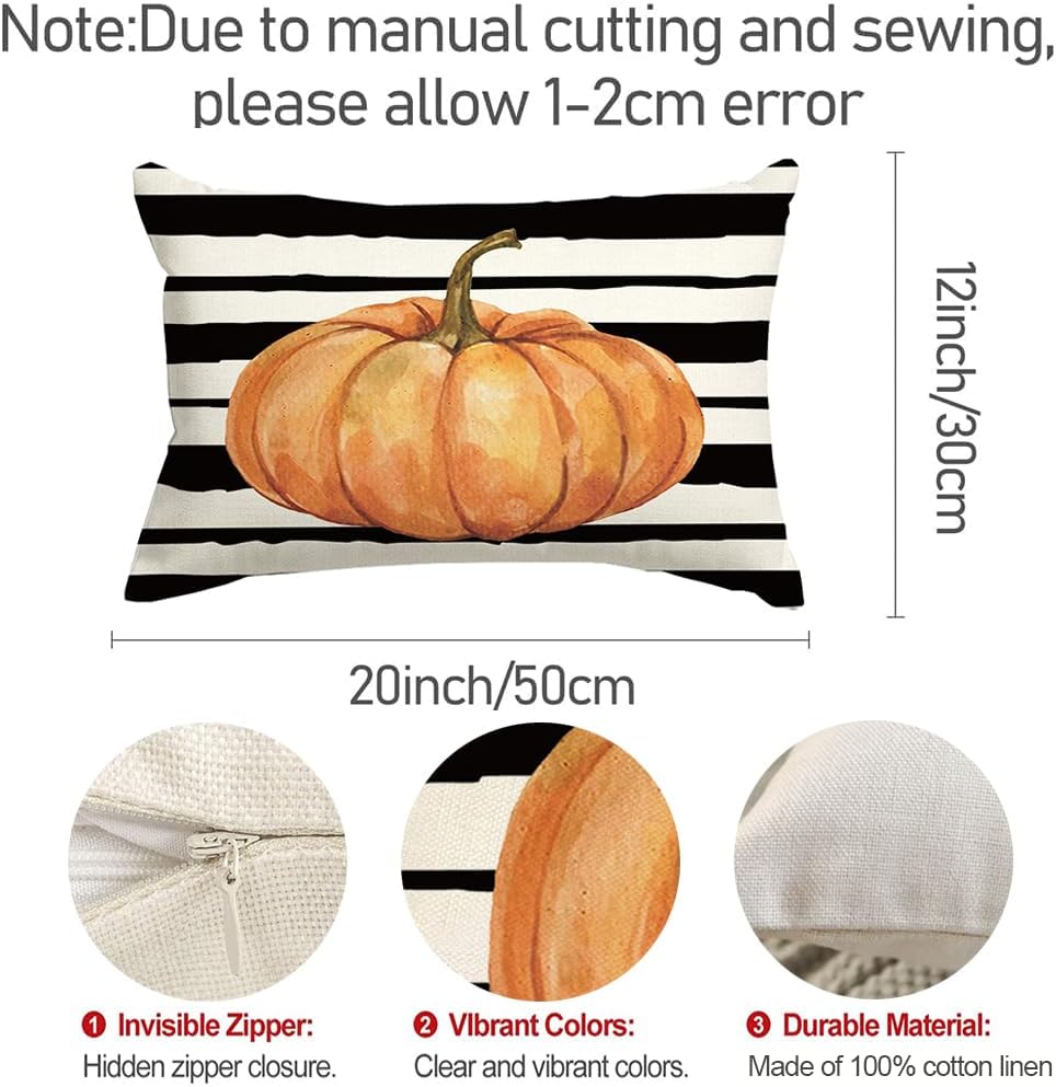 RABUSOFA Fundas de almohada de otoño para exteriores de 12 x 20 pulgadas, almohadas decorativas de otoño, fundas de almohada de calabaza naranja,