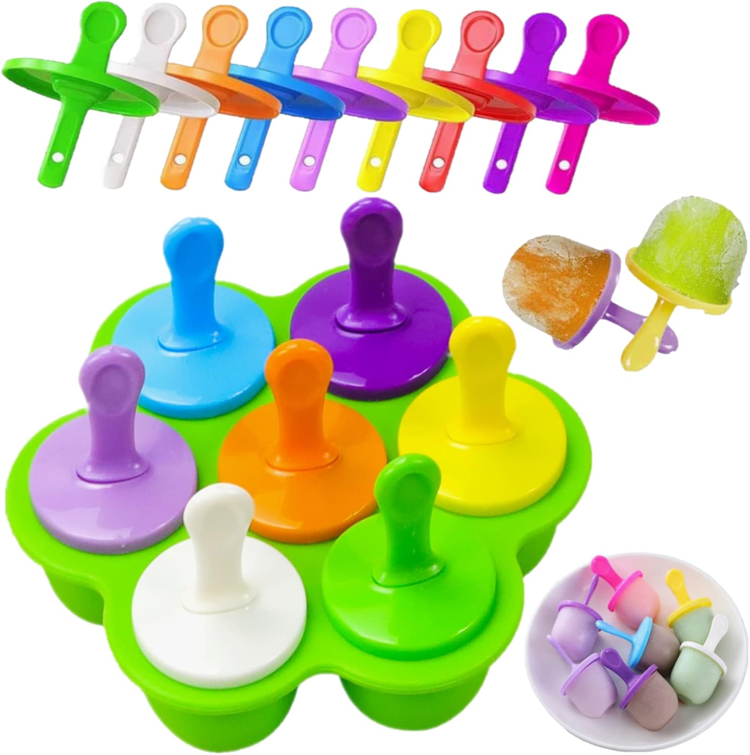 Moldes de silicona para paletas, mini molde para paletas de hielo de 7 cavidades con palos coloridos y protectores de goteo, contenedor de