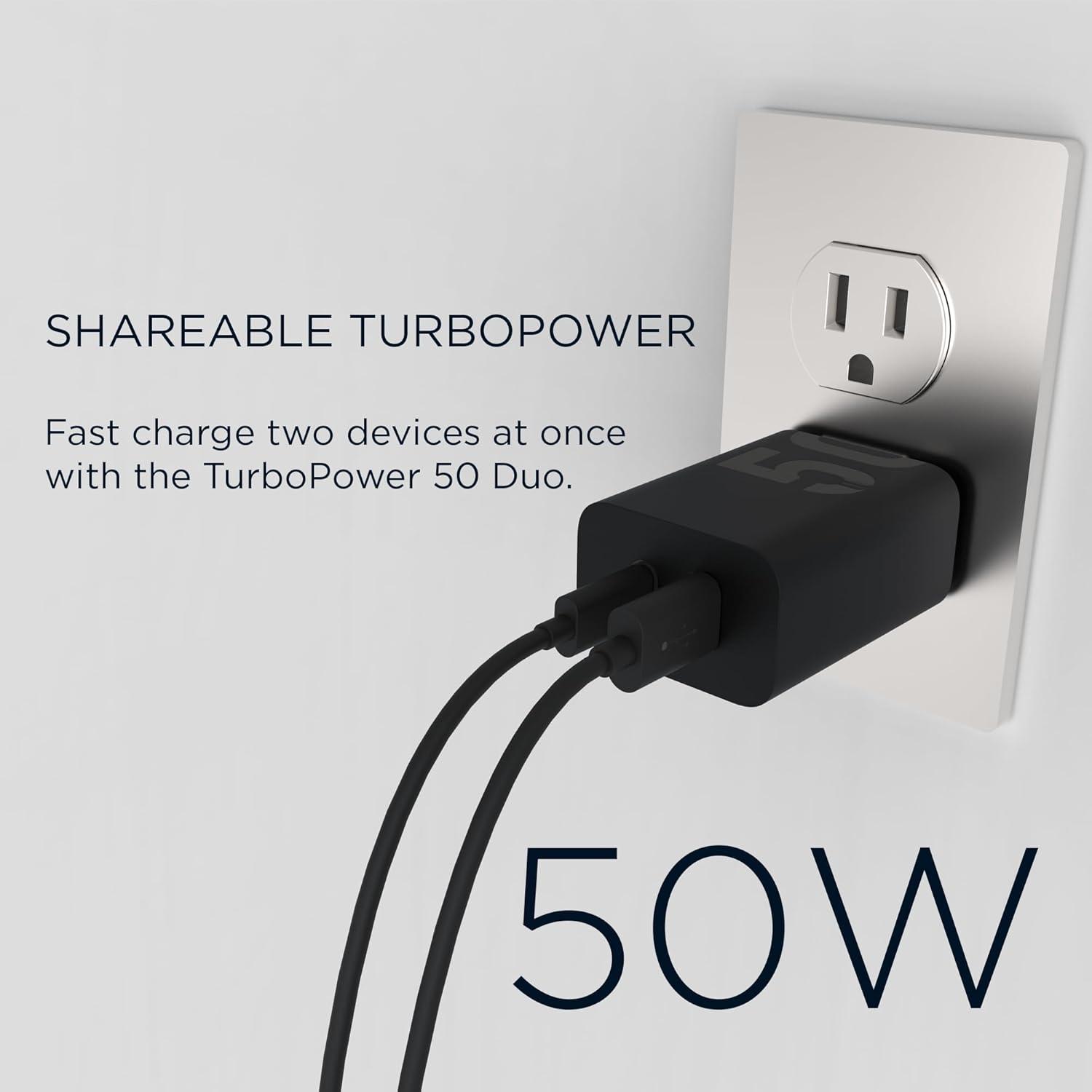 Motorola Cargador TurboPower Share de 50 W – Doble puerto USB-A y USB-C, potente USB-PD (suministro de energía) y salidas QC3.0 con cable USB-C de