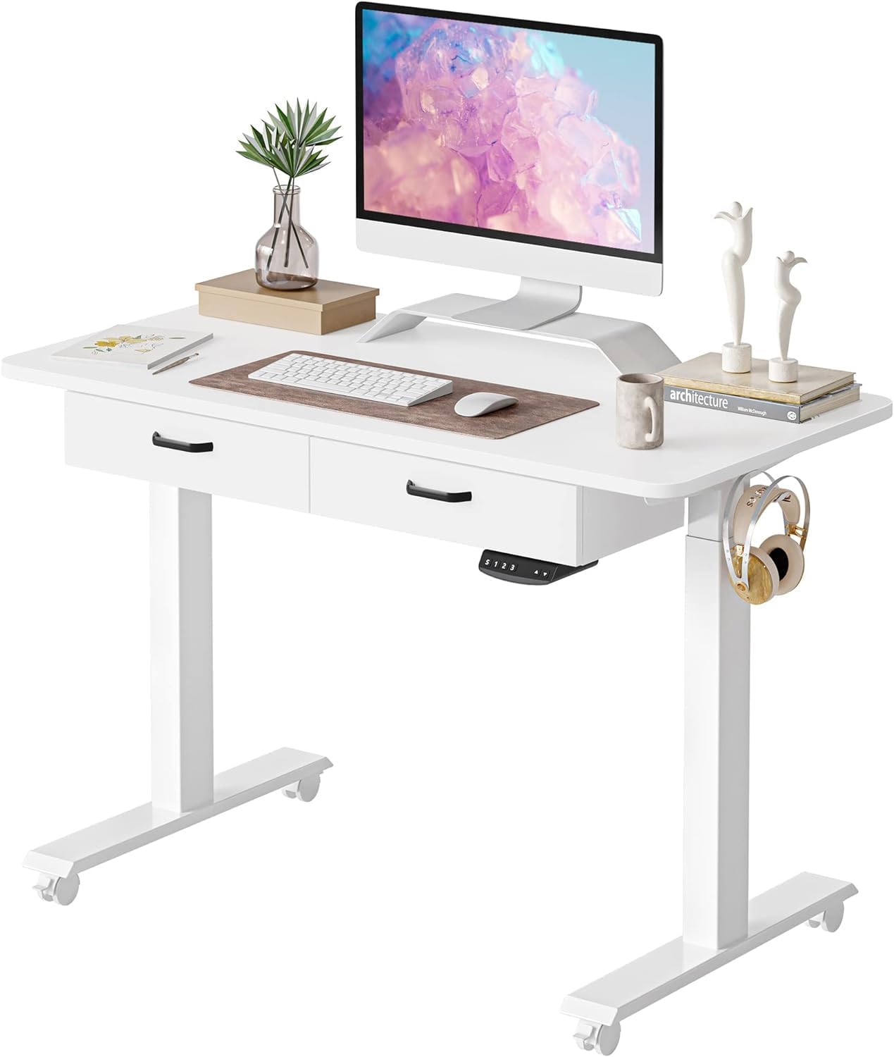 BANTI Escritorio eléctrico de pie de altura ajustable de 48 pulgadas con cajón doble, escritorio de oficina en casa con mesa de empalme, color blanco