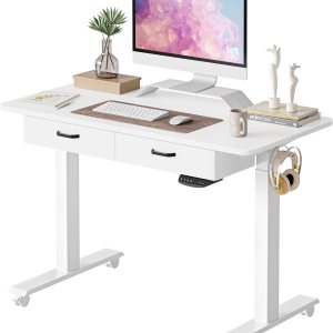 BANTI Escritorio eléctrico de pie de altura ajustable de 48 pulgadas con cajón doble, escritorio de oficina en casa con mesa de empalme, color blanco BANTI Escritorio eléctrico de pie de altura ajustable de 48 pulgadas con cajón doble, escritorio de oficina en casa con mesa de empalme, color blanco