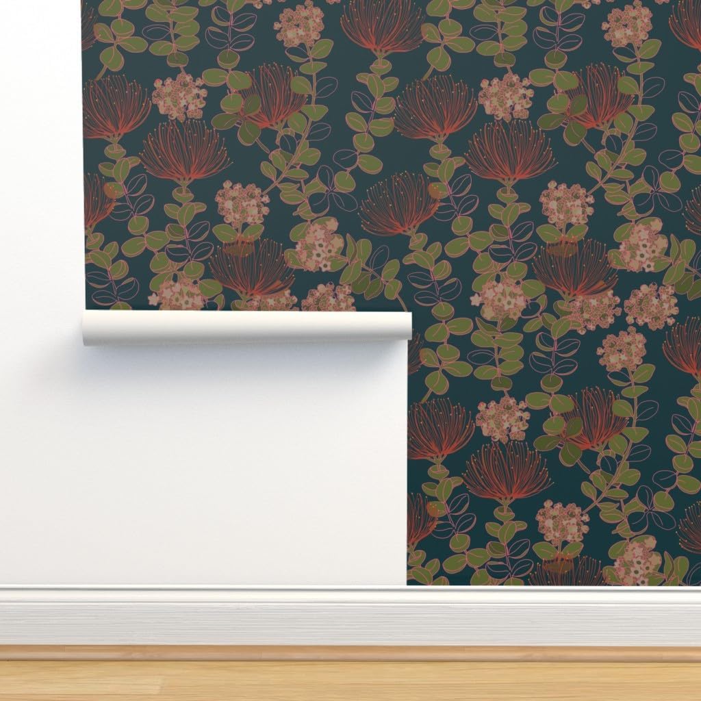 Spoonflower Muestro de papel tapiz extraíble, diseño botánico oscuro hawaiano, flores florales hawaianas, color rojo, verde azulado, tropical,