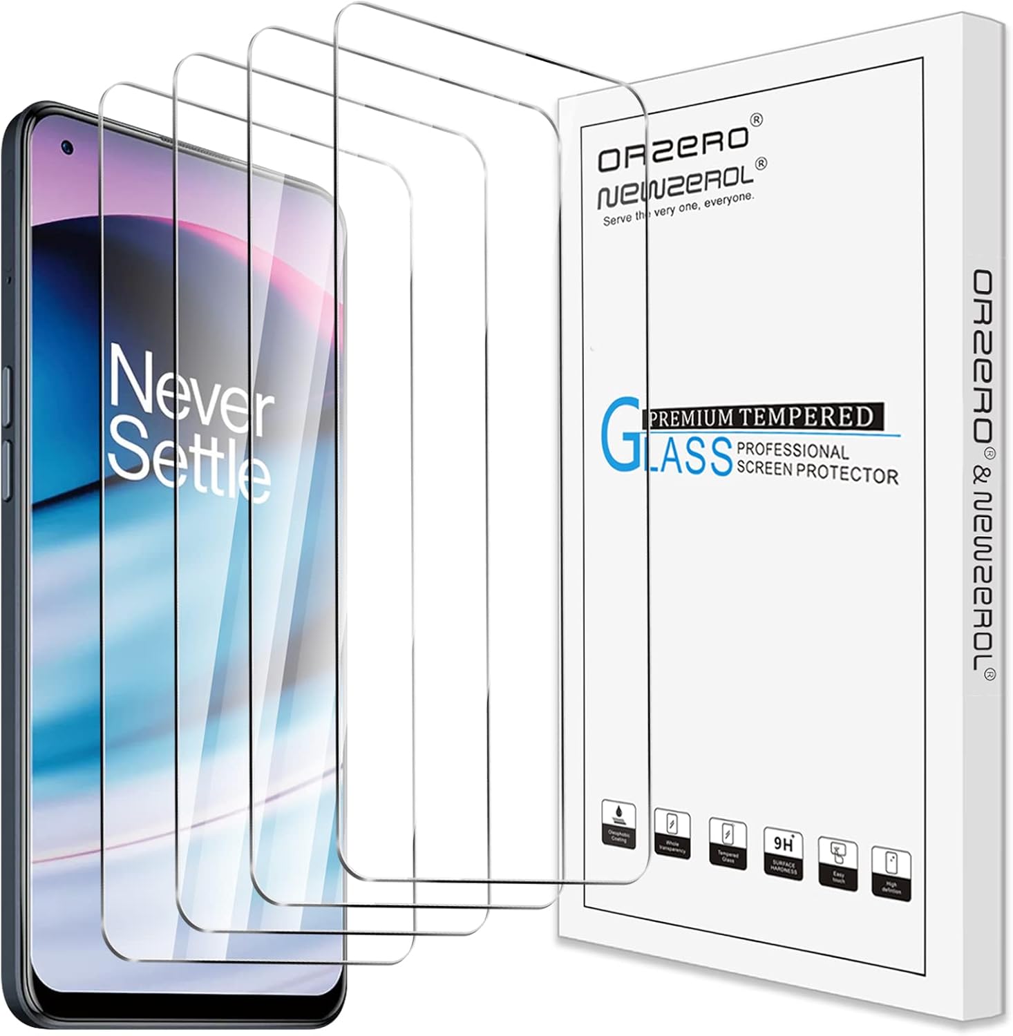 Orzero Paquete de 4 protectores de pantalla de vidrio templado compatibles con OnePlus Nord N20 5G, bordes de arco 2.5D, 9 durezas HD, sin burbujas