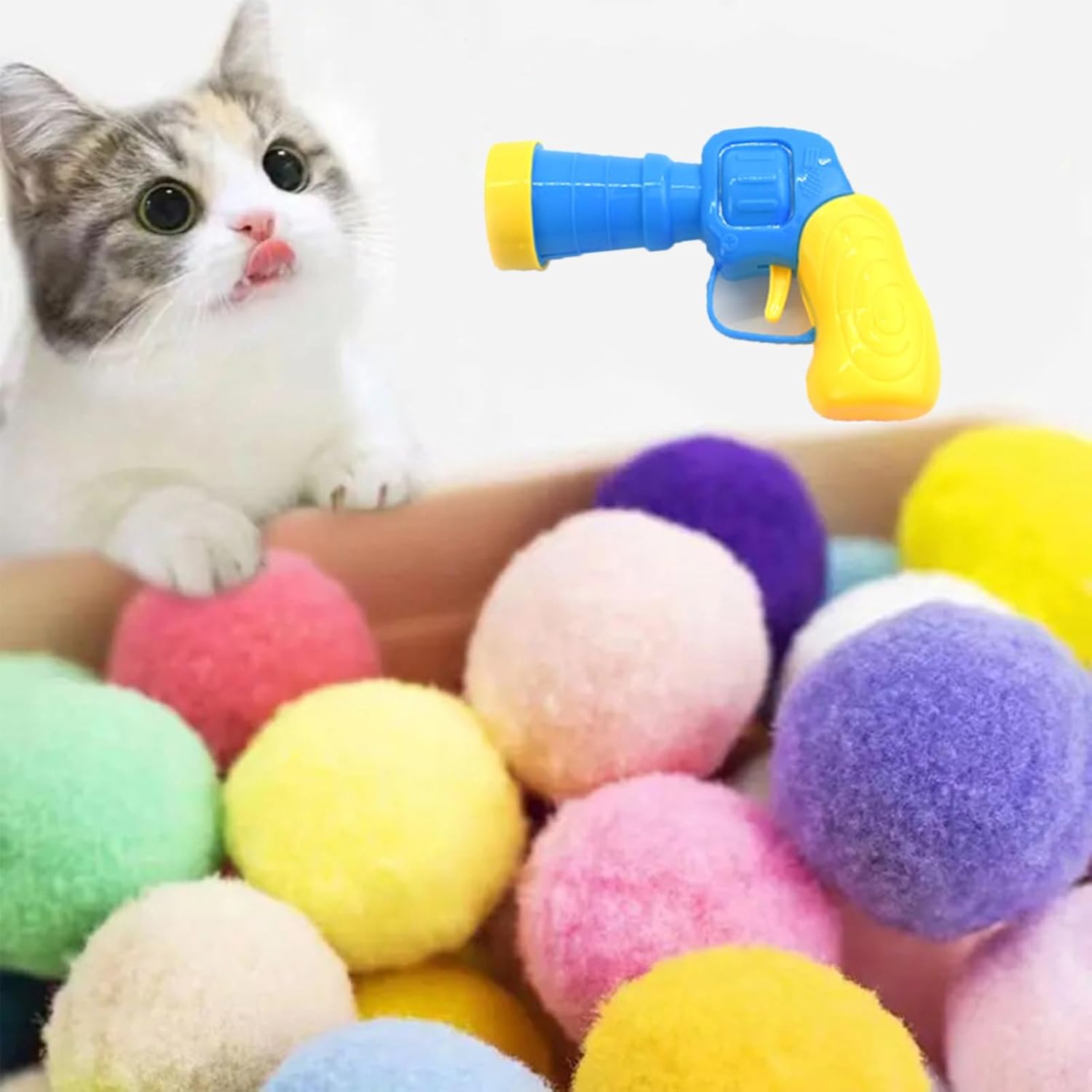 Pistola de tiro de bola de peluche, juguetes de lanzamiento de bola de pelo para mascotas, juguete de bola de gato feliz, interactivo para gatos de