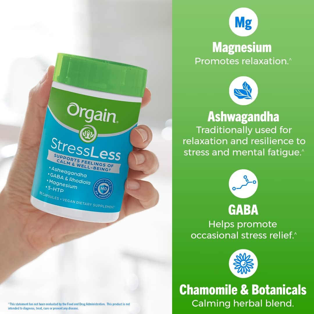 Orgain Suplemento para aliviar el estrés y el estrés, mezcla de magnesio, bálsamo de limón, GABA, 5 HTP, Rhodiola Rosea, Ashwagandha y manzanilla,