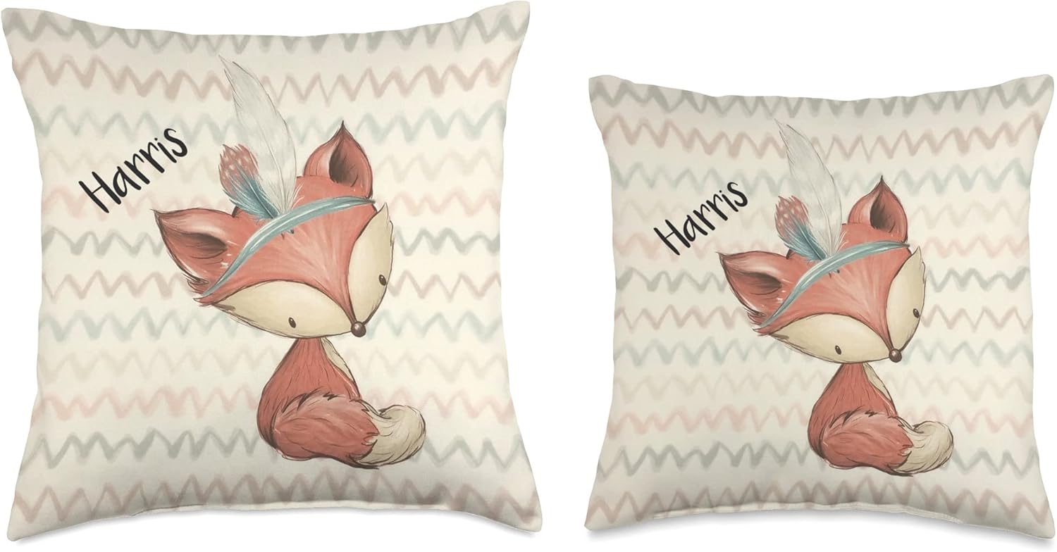 Harris Name Cute Fox Personalized Newborn Infant Baby Throw Pillow, 16×16, Multicolor
