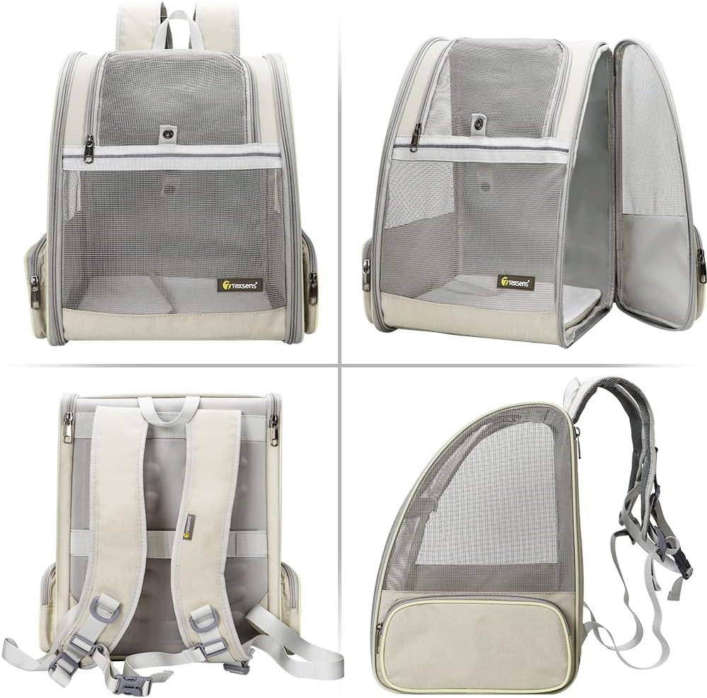Texsens Mochila transportadora para mascotas para gatos pequeños y perros, diseño ventilado, correas de seguridad, soporte de hebilla, plegable,