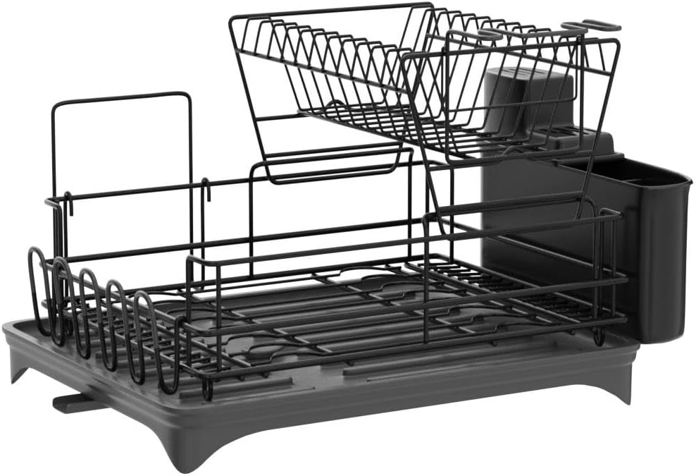 Qienrrae – Escurridor grande para platos, de acero inoxidable, con 2 niveles y drenaje para la encimera de la cocina, tiene soporte para copas de
