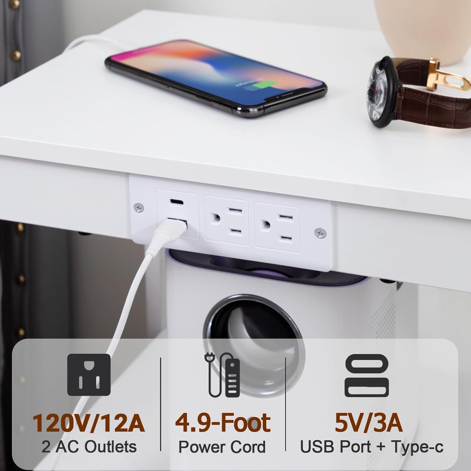 LOAKEKEL Juego de 2 mesitas de noche blancas con estación de carga, mesas auxiliares LED con puerto USB C y tomas, mesita de noche con 2 cajones de