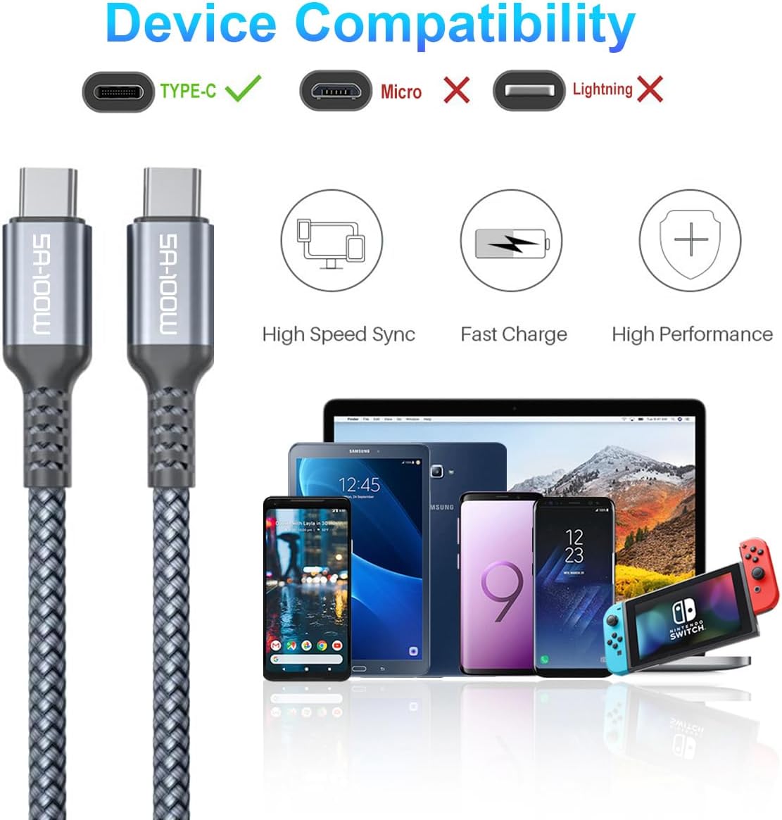 Elebase Paquete de 3 cables USB C a tipo C de 100 W de 3.36.610 pies y 4 adaptadores USB a USB C y cargador tipo C macho a 3.0 hembra para MacBook