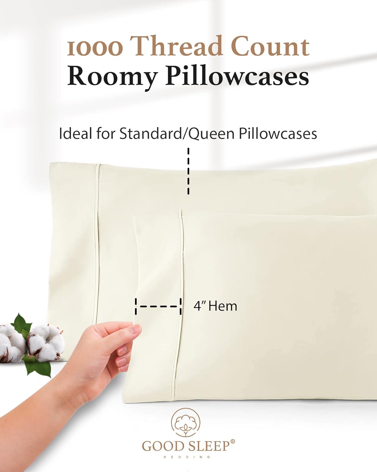 Juego de 4 fundas de almohada estándar de 1000 hilos, 100% algodón egipcio, con algodón de fibra larga y tejido satinado, suaves y sedosas, como