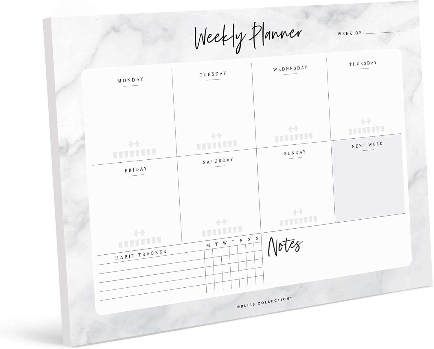 Bliss Collections Agenda semanal, mármol, hojas sin fecha, bloc de notas que incluye calendario, organizador, programador para objetivos, tareas,