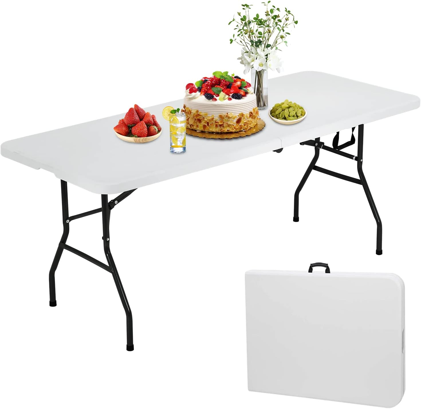 Mesa plegable portátil de 6 pies plegable por la mitad con asa, soporta hasta 500 libras, mesa de comedor para interiores y exteriores para fiestas,