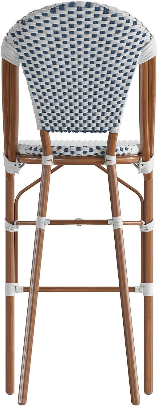 Flash Furniture Lourdes Taburete de bar francés de grado comercial, apilable para interiores y exteriores, 30 pulgadas de alto, acabado blancoazul