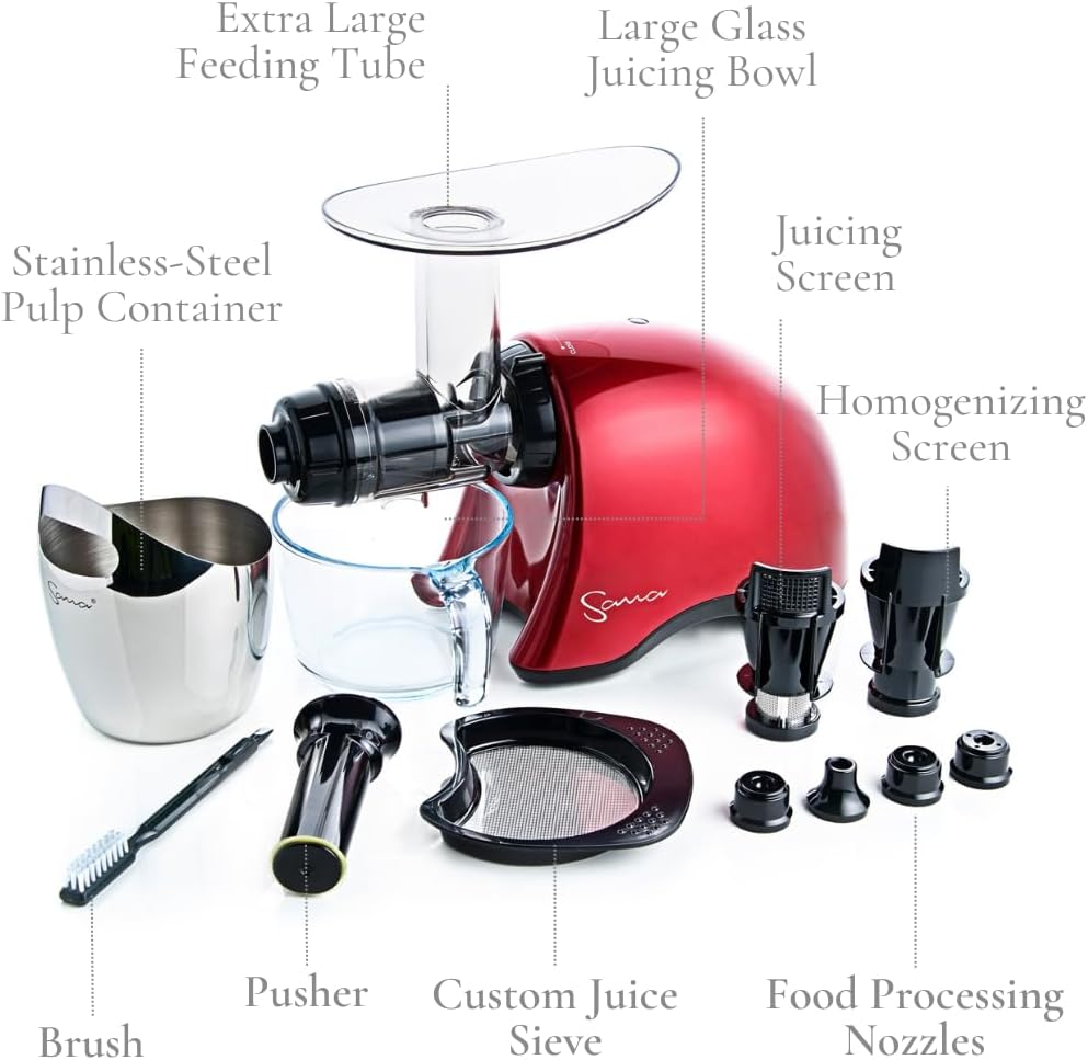 Cold Press SANA 707 Exprimidor clásico horizontal de velocidad lentabaja  Fácil de limpiar, potente motor, alimentación automática, compacto,