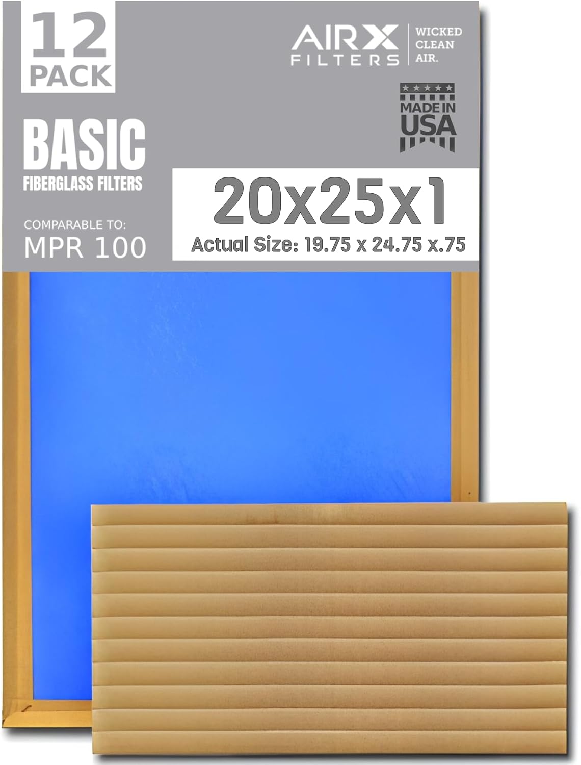 Filtro de aire de 20 x 25 x 1 pulgadas, comparable a los filtros de horno económicos básicos MPR 100, paquete de 12 filtros de fibra de vidrio no