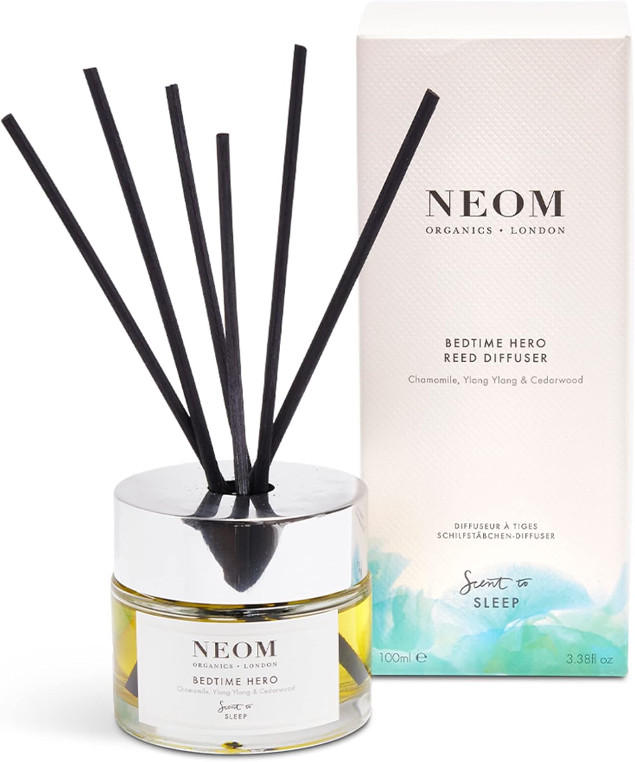 NEOM Bedtime Hero – Difusor de varillas de 3,38 onzas líquidas, mezcla de aceites esenciales de manzanilla, madera de cedro y ylang ylang  Fragancia