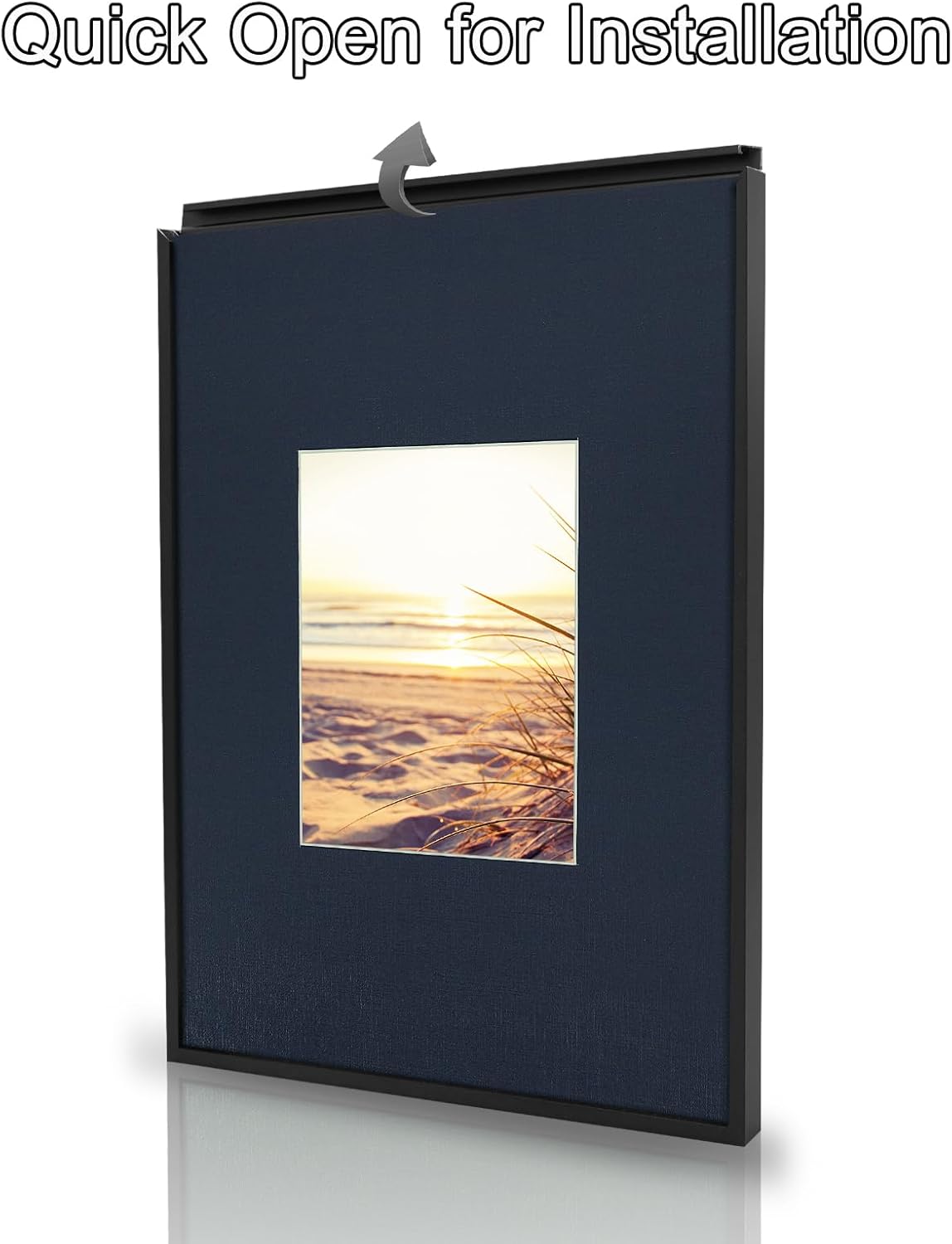 Marco a presión de 11 x 14 pulgadas con paspartú azul oscuro para foto de 6 x 8 pulgadas, marco de póster negro, marco de aluminio de pared para