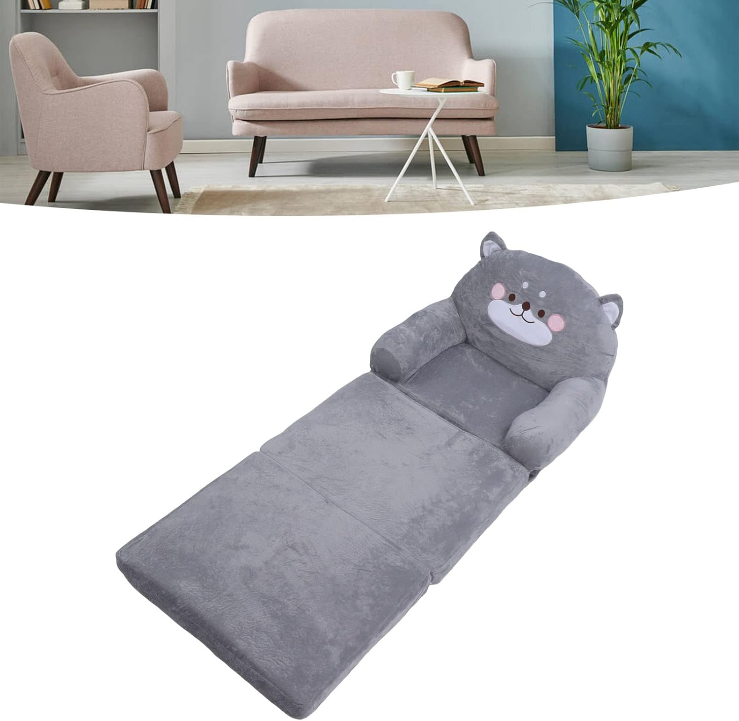PenRux Sofá plegable para niños, diseño de perro gris de dibujos animados, material suave, asa ancha, fácil de usar, sofá cama para niños y niñas (3