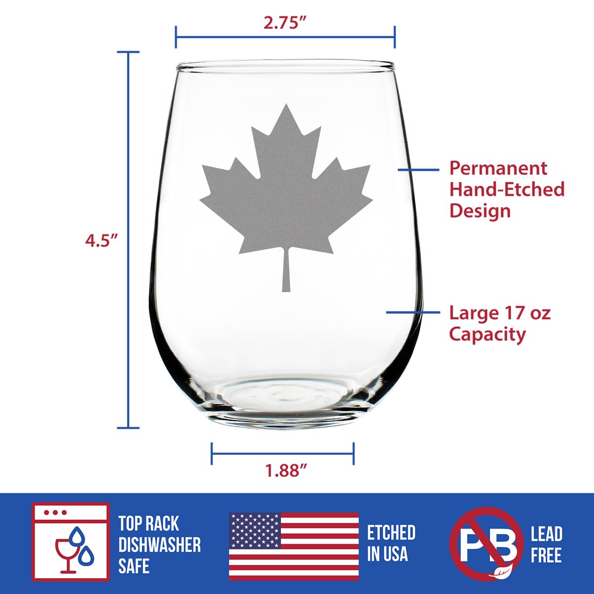 Canada Maple Leaf Stemless Wine Glass – Canadian Flag Gifts and Decor for Women and Men – Large 17 Oz Glasses