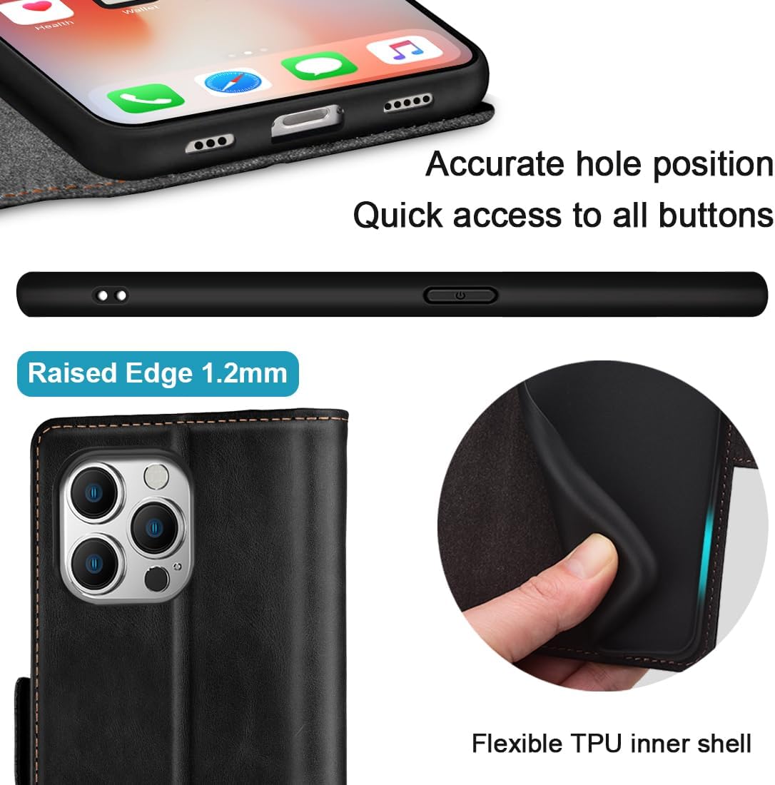 KEZiHOME Funda tipo cartera compatible con iPhone 15 Pro Max, piel auténtica bloqueo RFID para iPhone 15 Pro Max, ranura para tarjetas, soporte
