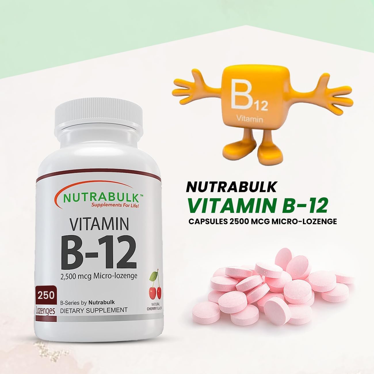 NutraBulk Vitamina B-12 Cápsulas de 2500 mcg Micro-Pastilla  Apoya el bienestar cognitivo y general  Sabor a cereza – Tabletas sublinguales (250