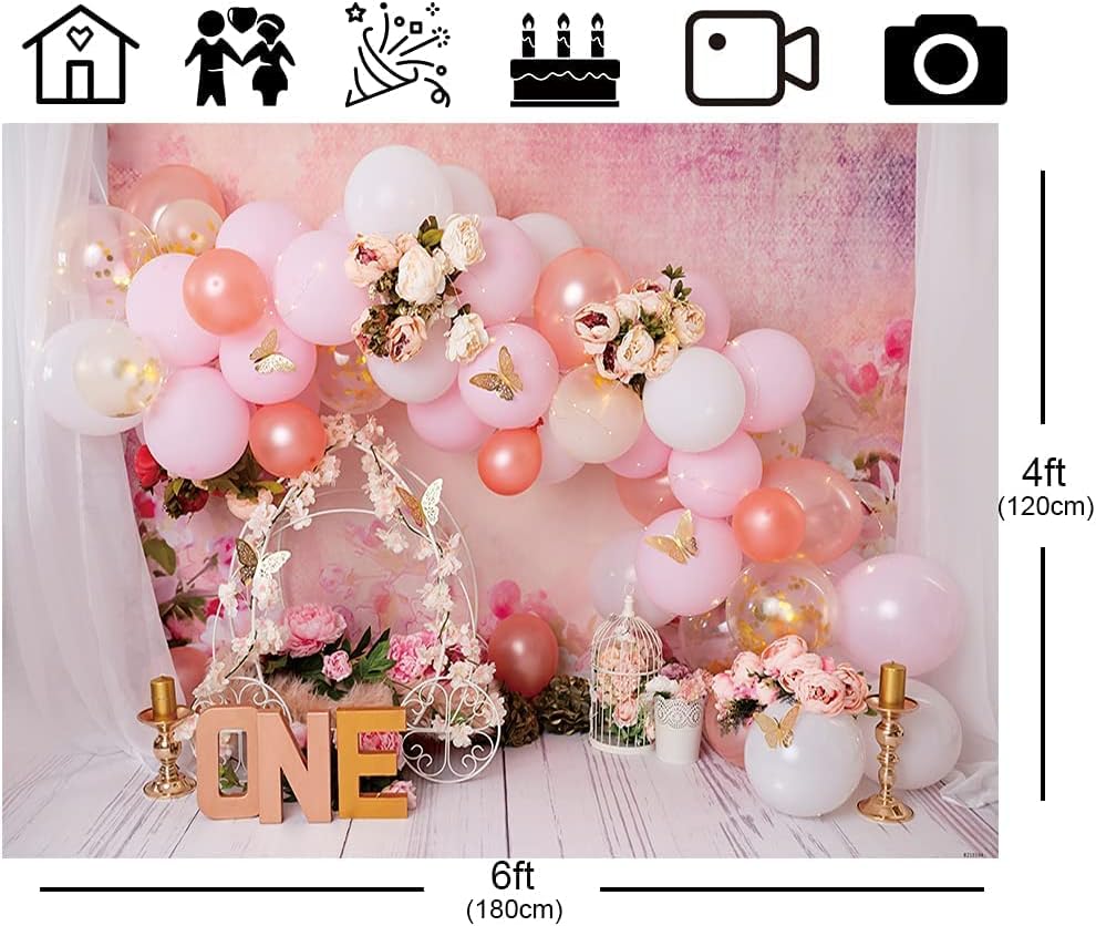 Bellicremas Mariposas Oro Rosa Primer Cumpleaños Fotografía Fondo Princesa Tema Flores Rosa Carruaje Niñas 1er Cumpleaños Fondo de Un Año Antiguo