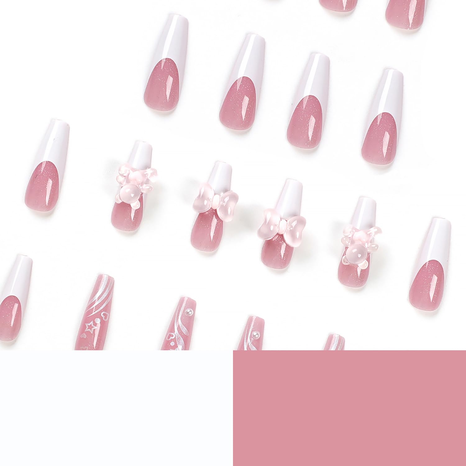 24 uñas postizas cuadradas a presión, uñas largas con purpurina rosa con lazo de encanto, bonitos diseños de osos y diamantes de imitación, uñas