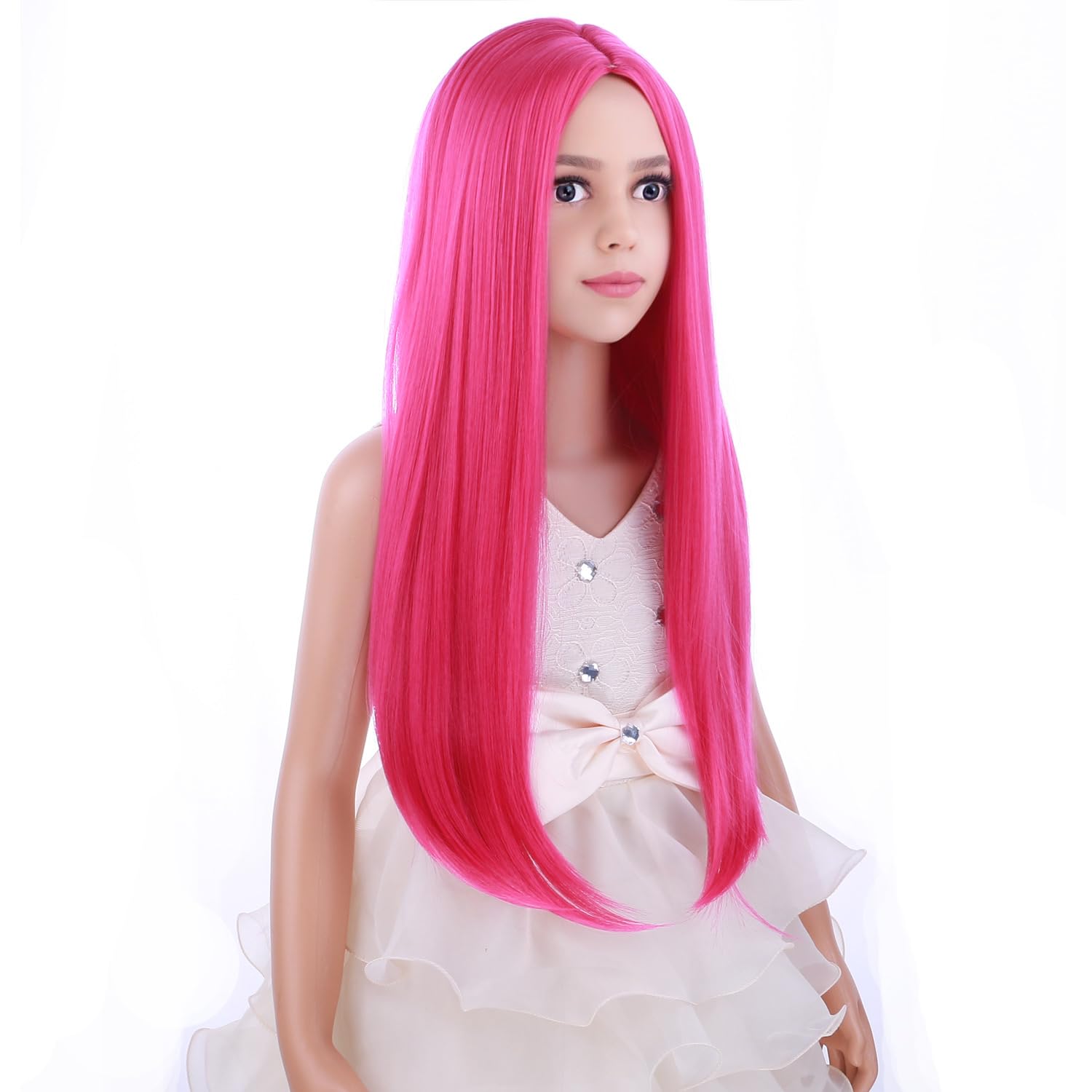PATTNIUM Peluca larga y recta rosa para niños y niñas, color rosa intenso, peluca magenta rosa neón, peluca sintética larga con parte media y gorra