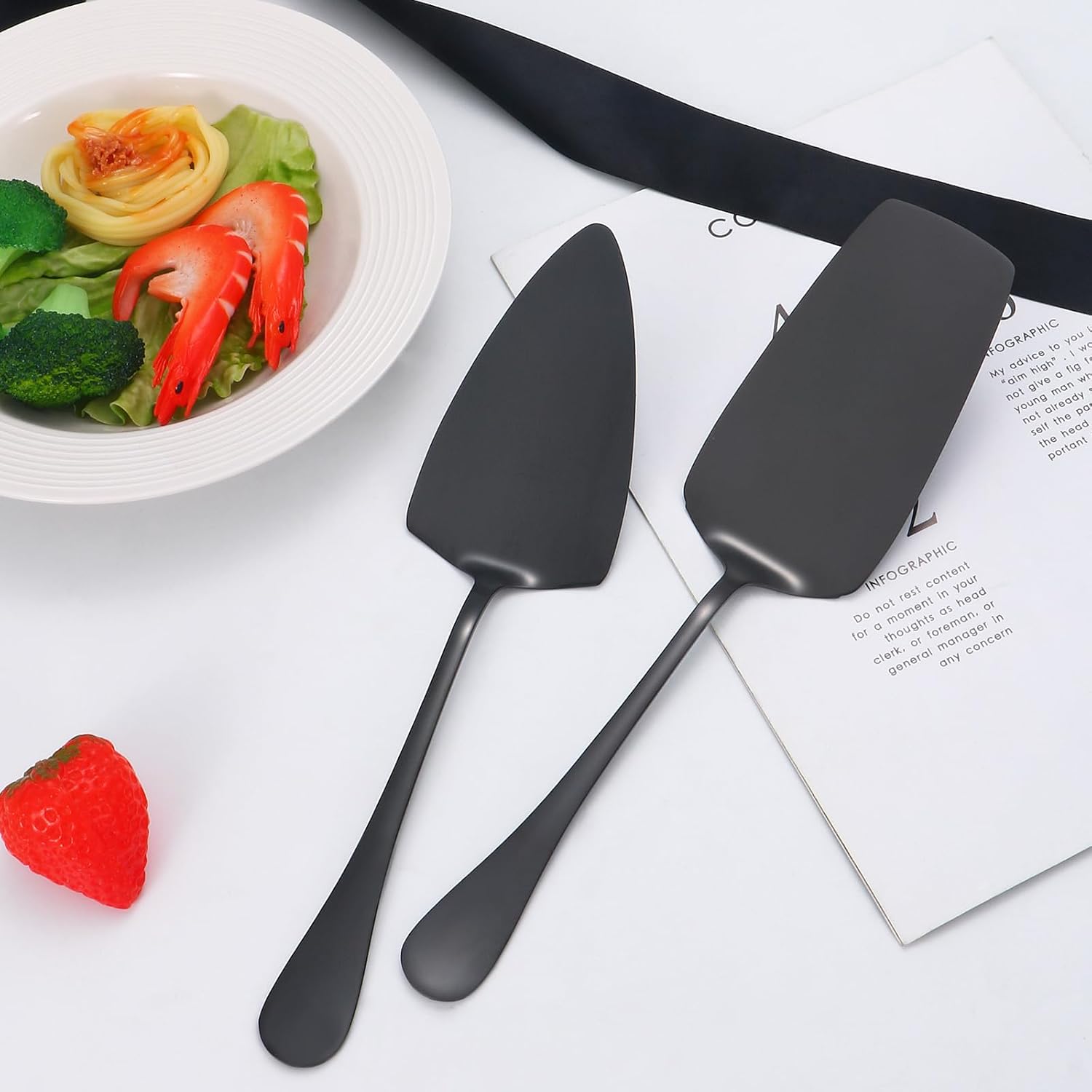 Utensilios negros para servir, juego de 8 utensilios de acero inoxidable para servir, incluye cucharas de servir, tenedor de servir, cucharón de