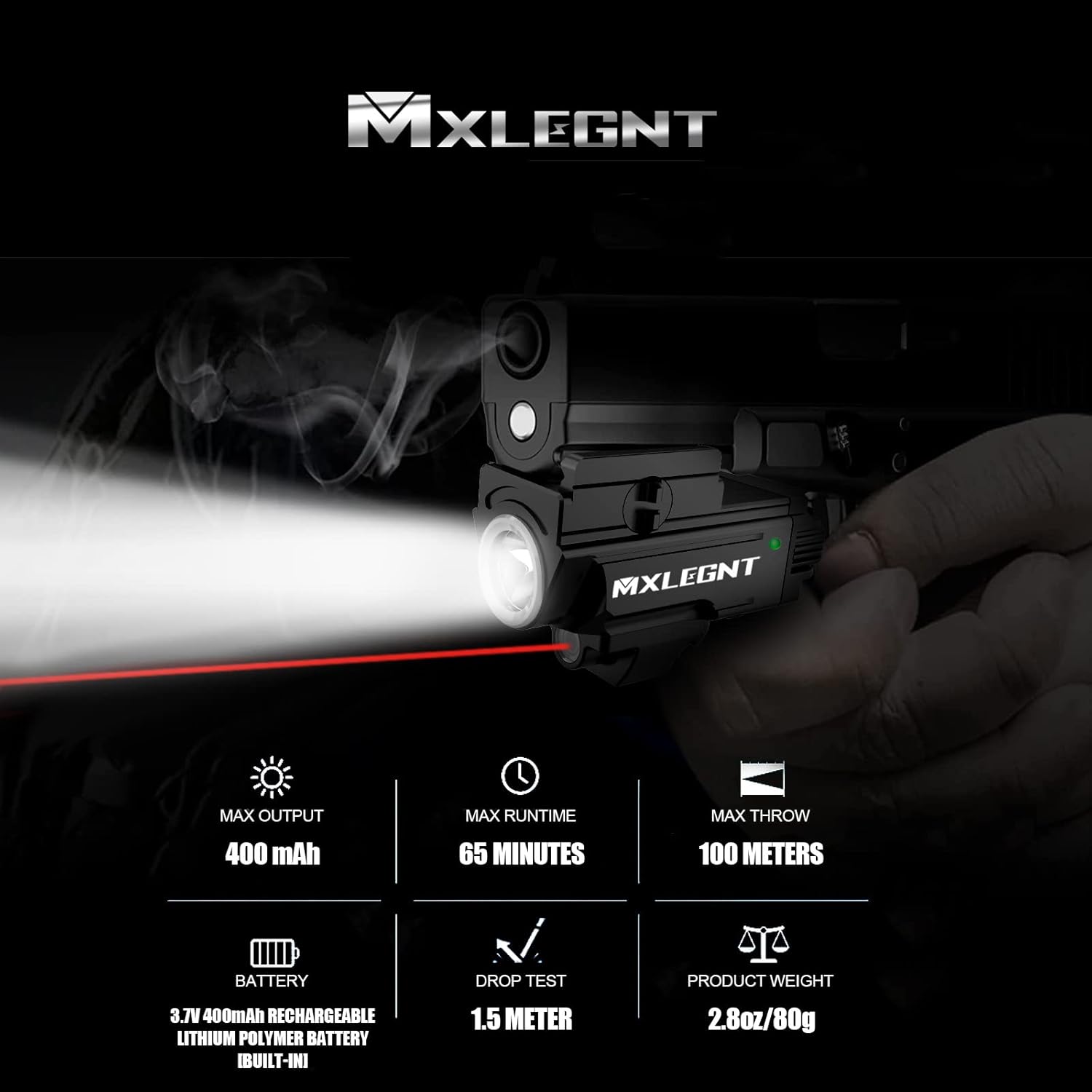MXLEGNT Luz de arma con riel recargable montada Combo de linterna táctica de 400 lúmenes con LED blanco para pistola